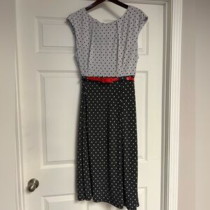 Connected Apparel Black/White Polka Dot Sleeveless Midi Dress w/Red Belt